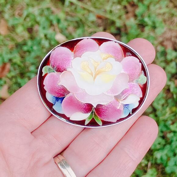 Vintage Mid Century Brooch Reverse Painted Glass Floral Oval Pin 1950s 60s - Picture 6 of 10